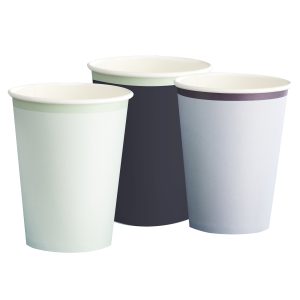 Biodegradable paper cups in white, black, and light blue, ideal for hot or cold beverages, eco-friendly, suitable for cafes, restaurants, and events.