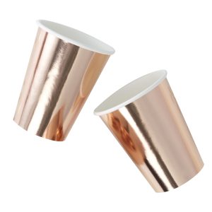 Elegant metallic rose gold coffee cups for takeout or catering, perfect for stylish events and coffee lovers.