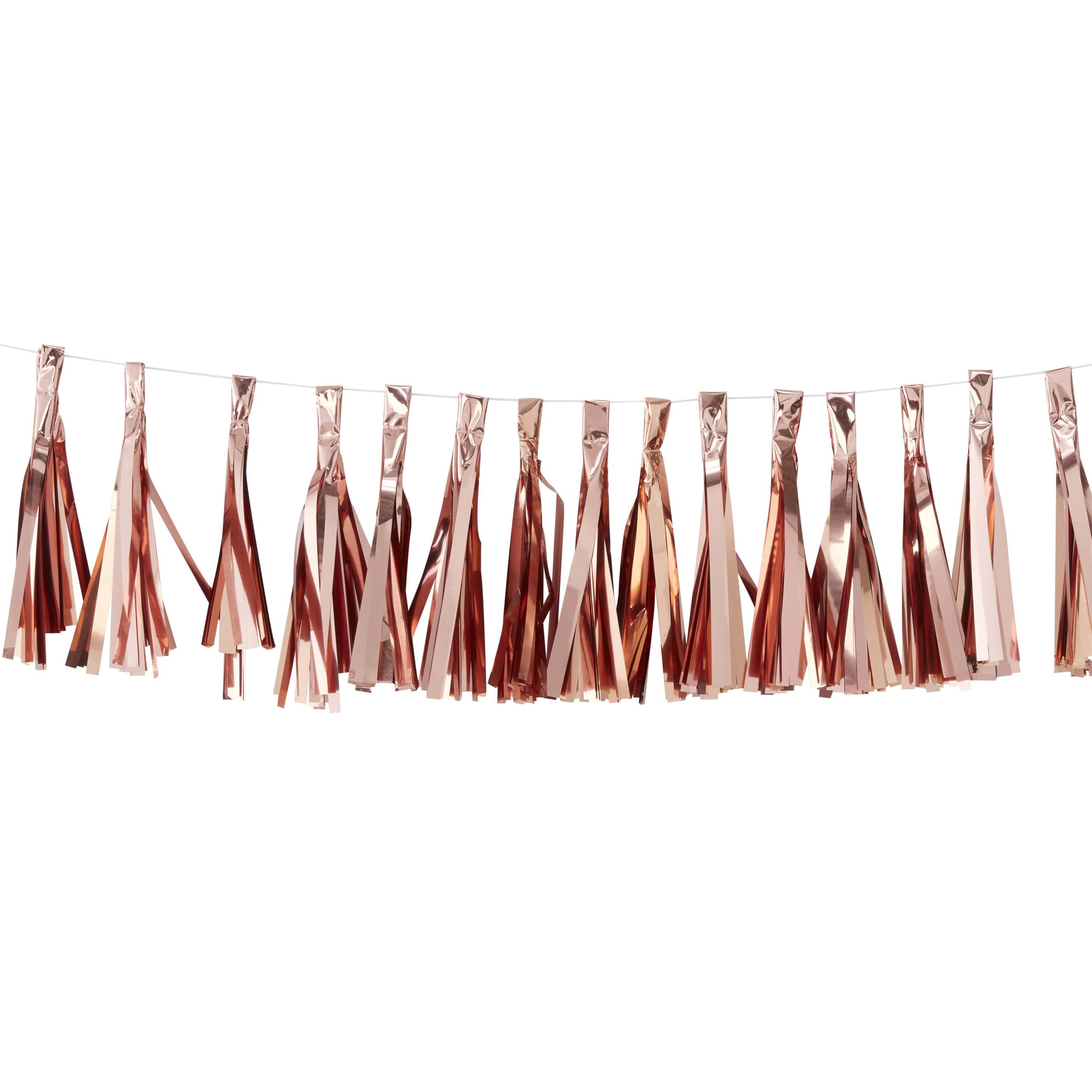 Metallic rose gold party tassel garland for celebrations and events, festive decoration, party backdrop, or birthday decor. Perfect for adding sparkle and style to any party setting.
