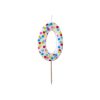 Colorful polka dot number 0 birthday candle on a white background for celebration and party decorations.