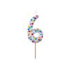 Colorful birthday candle in the shape of the number 6 with multicolored polka dots for celebrations and special occasions.