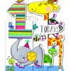 Colorful birthday celebration with animated animal characters, including elephants, giraffes, and monkeys, featuring vibrant illustrations and the message "Today!" for a first birthday theme.