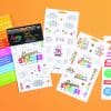 Colorful sticker sheets for planners and scrapbooking, featuring emojis, rainbows, and motivational phrases from The Wraperie. Perfect for creative decorating projects and adding fun to your stationery.
