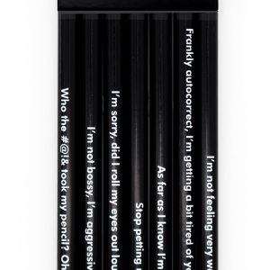 Set of 7 sharpened pencils with humorous work-related quotes, stylish black packaging, perfect for office supplies, writing, or gifting.