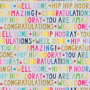 Celebratory wrapping paper with colorful "Congratulations," "Well Done," "Hip Hip Hooray," and "You Are Amazing!" messages, perfect for gift wrapping at thewraperie.com.