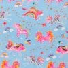 Colorful unicorns and rainbows playful fantasy fabric, ideal for kids' bedding, dress, or accessories, featuring a whimsical, magical design perfect for children's decor and craft projects.
