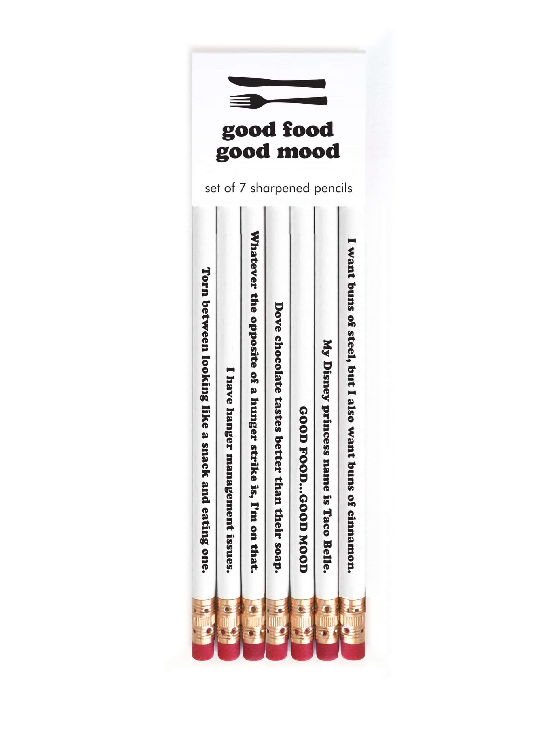 Set of 7 personalized sharpened pencils with quotes from The Wraperie, emphasizing food and positive mood themes, perfect for gifting or decoration.