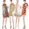 Vibrant, colorful fashion illustration featuring four glamorous women in dazzling sequined outfits, showcasing style and glamour for fashion and event occasions.