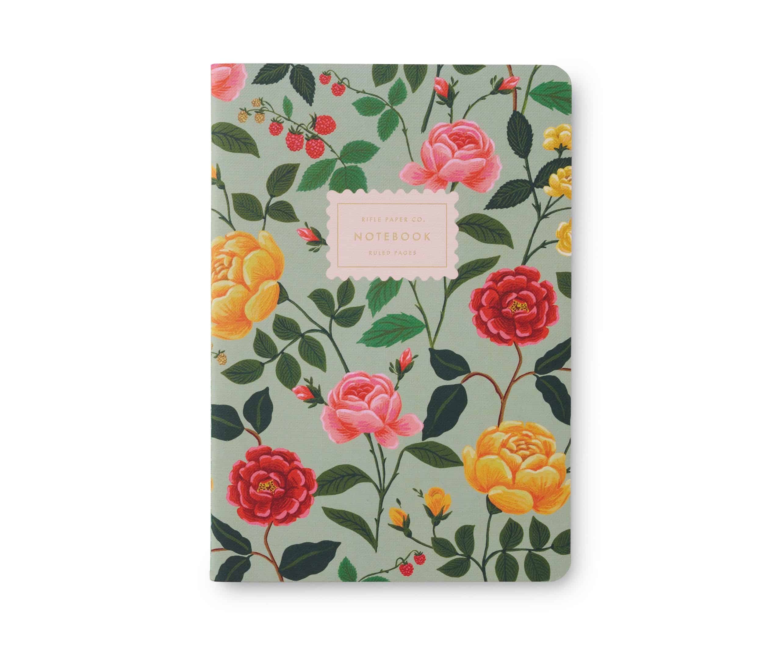 Vibrant floral notebook cover with pink, yellow, and red roses on a green background, ideal for journaling, note-taking, or gift-giving, featuring a stylish design with ruled pages.
