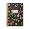 Vibrant floral and insect pattern notebook cover with colorful butterflies, ladybugs, bees, and blooming flowers on a black background for stylish stationery.