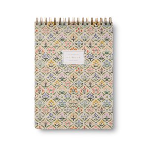 Colorful floral patterned notebook with gold spiral binding, ideal for writing, journaling, and note-taking. Perfect stationery accessory for students and professionals.