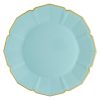 Light blue disposable paper plate with gold trim, ideal for parties and events.