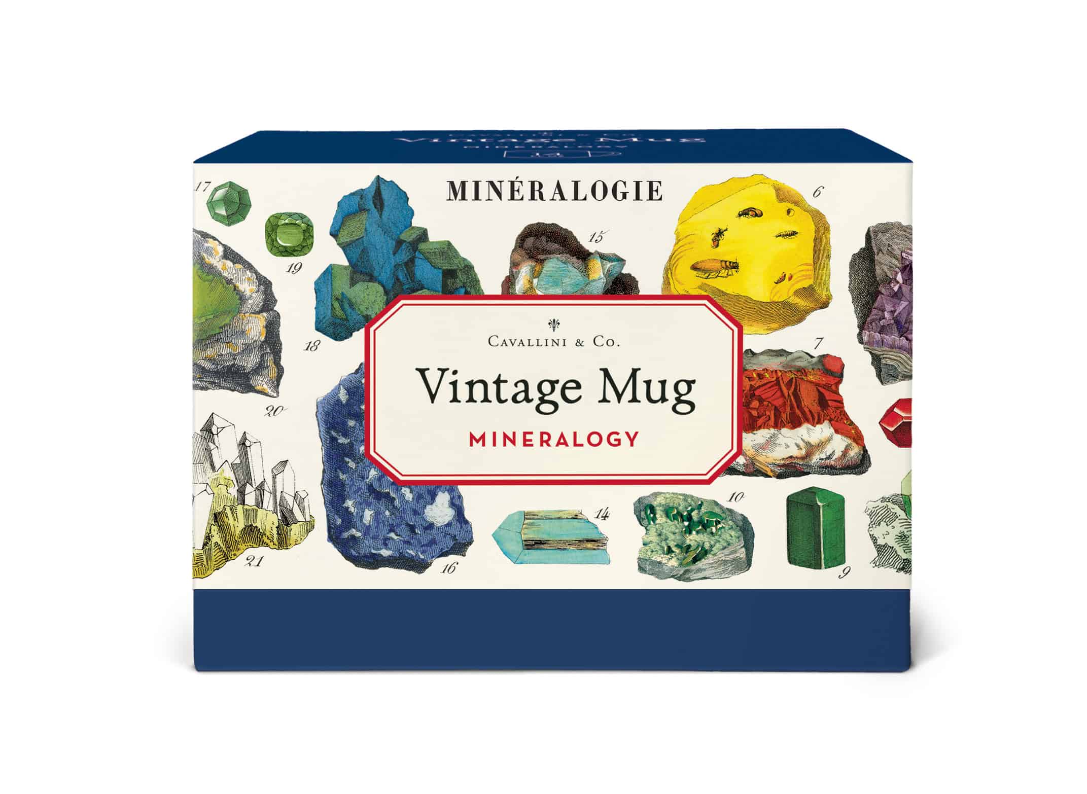 Vintagel inspired mineralogy-themed mug box featuring colorful gemstone illustrations for decorative kitchenware or collectibles. Perfect gift for mineral and crystal enthusiasts.