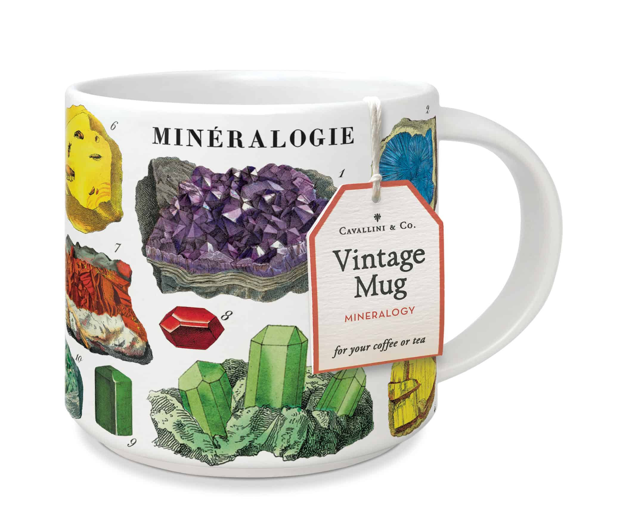 Colorful mineral illustration mug featuring gemstones and crystal diagrams, perfect for mineralogy enthusiasts and coffee lovers. Stylish mineral-inspired design from The Wraperie's The Wraperie collection.