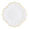 Elegant white porcelain plate with gold trim, perfect for serving appetizers and desserts at special occasions or elegant dinners.