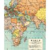 World map featuring regions of Europe, Africa, Asia, and the Middle East, with country boundaries, capitals, and geographic labels, designed as a decorative wall art piece by The Wraperie.