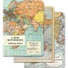 Colorful vintage world maps on mini notebooks, ideal for travel enthusiasts and geography lovers, featuring historical cartography and globe illustrations for educational and decorative purposes.