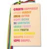 Vibrant motivational poster featuring colorful text with uplifting messages about happiness, kindness, hope, and love, designed to inspire positivity and joy at The Wraperie.