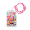 Colorful floral and glitter gel nail art charms on clear acrylic nail file with pink cord, perfect for creative DIY manicures and nail decor.