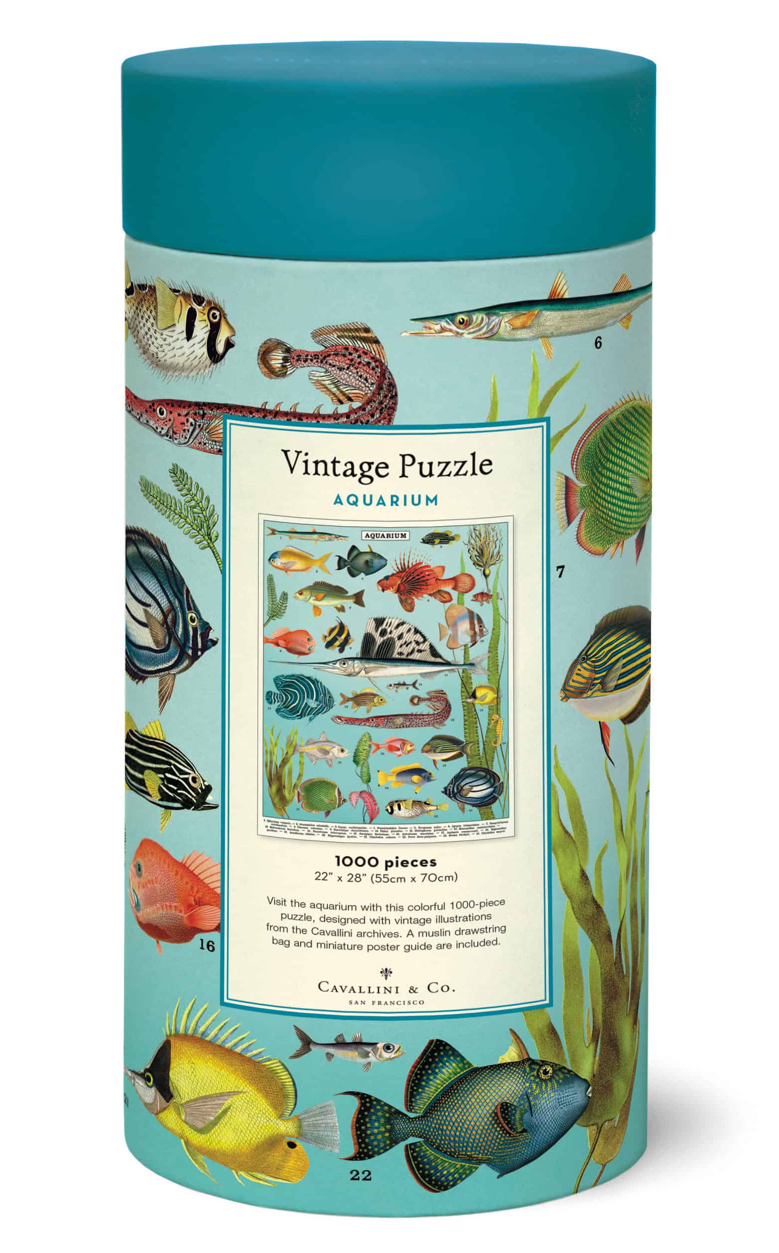 Vibrant vintage aquarium puzzle box featuring colorful sea life illustrations for marine enthusiasts and puzzle lovers. Perfect for decorating or educational aquarium-themed activities.