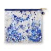 Bright blue and white glitter confetti inside a clear plastic pouch with a gold zipper, perfect for celebrating and party decorations.