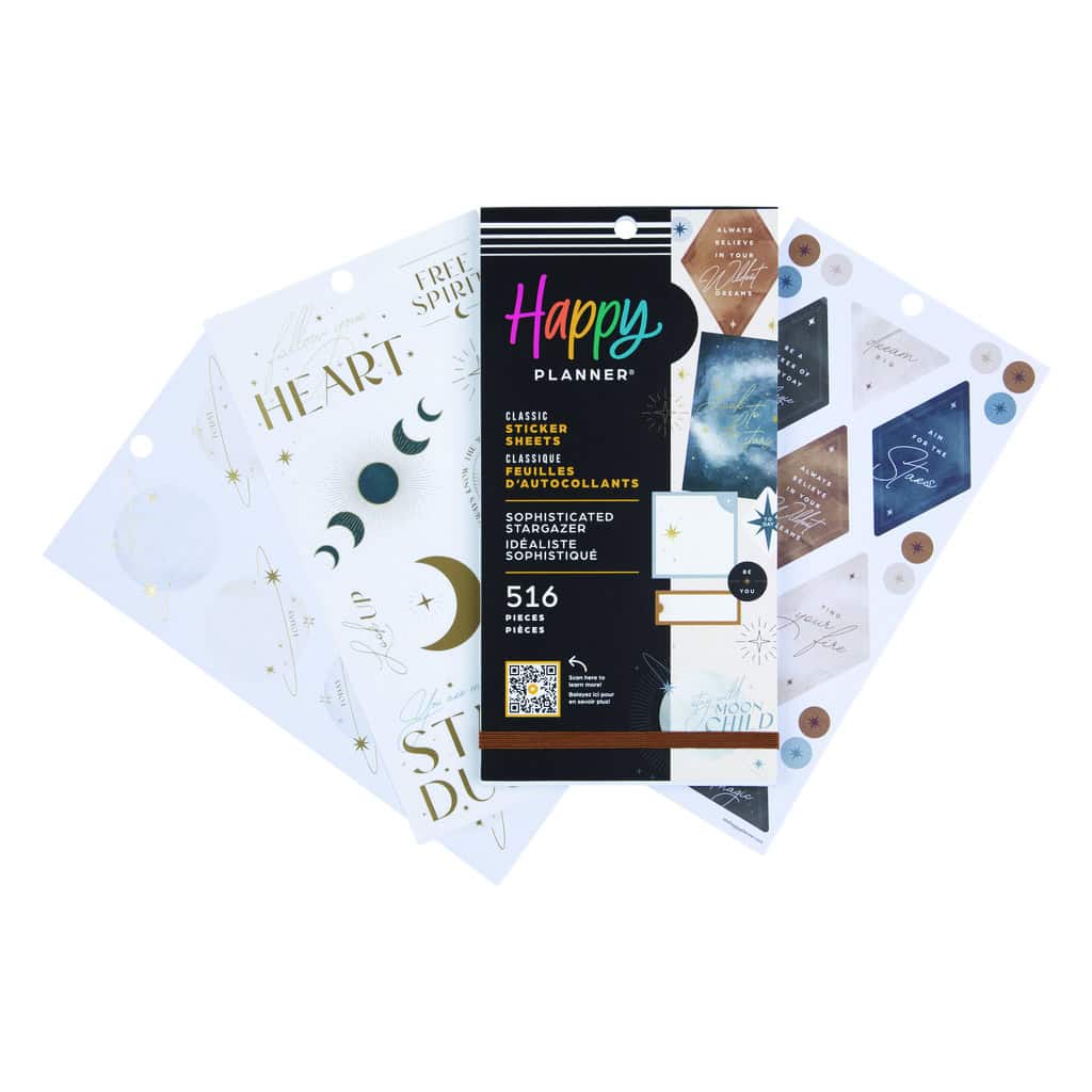 Bright planner sticker sheets featuring moon, star, and celestial designs for decorating journals and calendars, perfect for creative stationery enthusiasts.