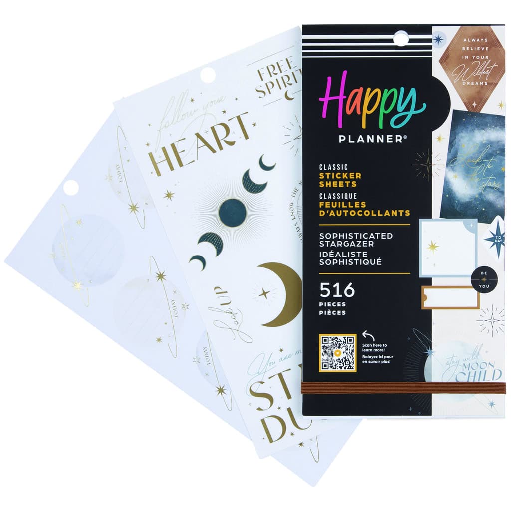 Colorful Happy Planner sticker sheets with celestial and motivational designs for planners and journals.