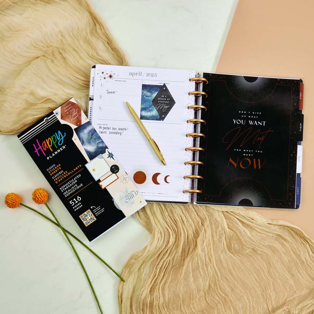Colorful planner and stationery accessories for organization and productivity, featuring motivational quotes and celestial-themed designs, ideal for personal or professional planning.