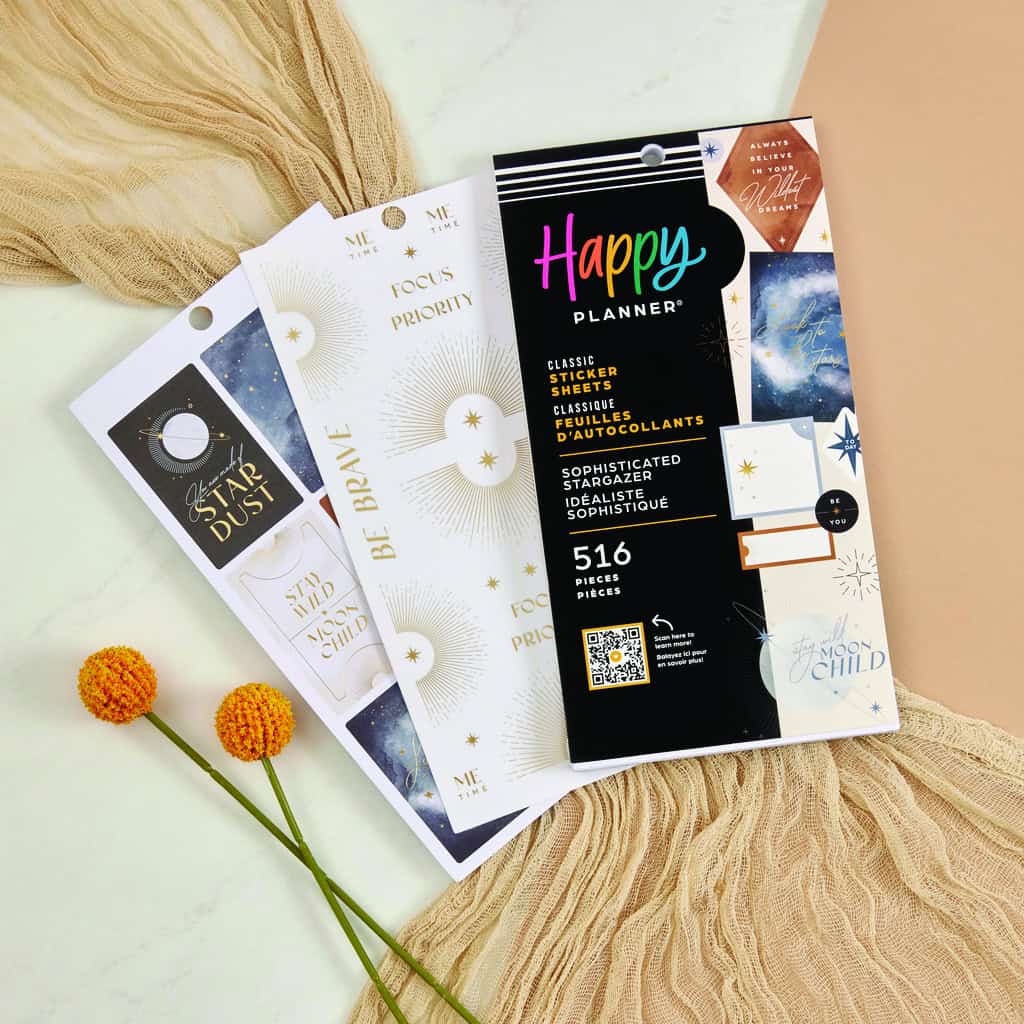Colorful happy planner sticker sheets featuring celestial and star-themed designs for organization and decoration. Perfect for planners, journals, and creative projects.