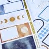 Colorful celestial-themed planner stickers featuring moon phases, stars, and inspirational quotes for organization and motivation. Perfect for astrology lovers and daily planners.