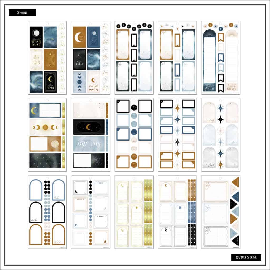 Celestial-themed sticker sheets with moon, star and galaxy designs for planners, journals, and bullet journals, perfect for adding astrological and cosmic flair to your stationery collection.