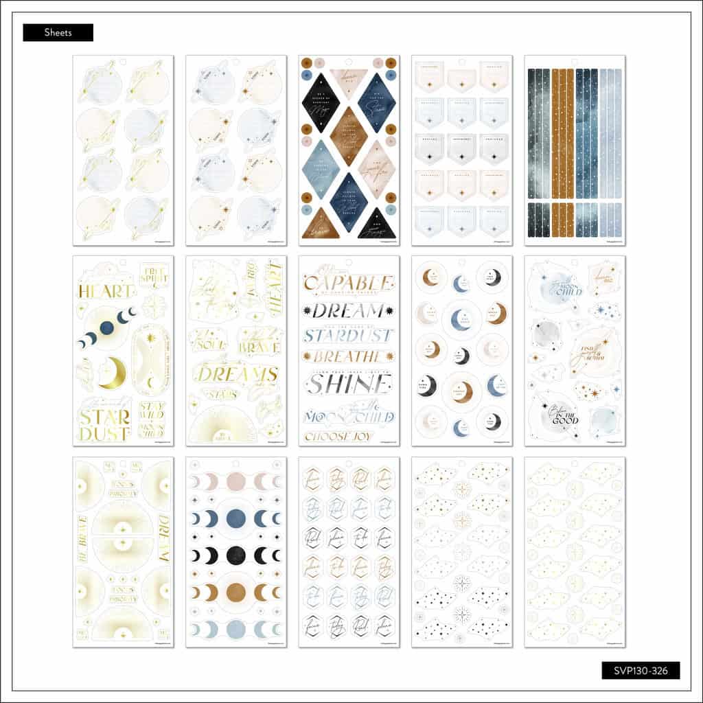 Celestial-themed planner stickers set, featuring moon phases, stars, and inspiring quotes perfect for journaling and organization. Elegant gold, navy, and soft pastel designs for a dreamy touch.