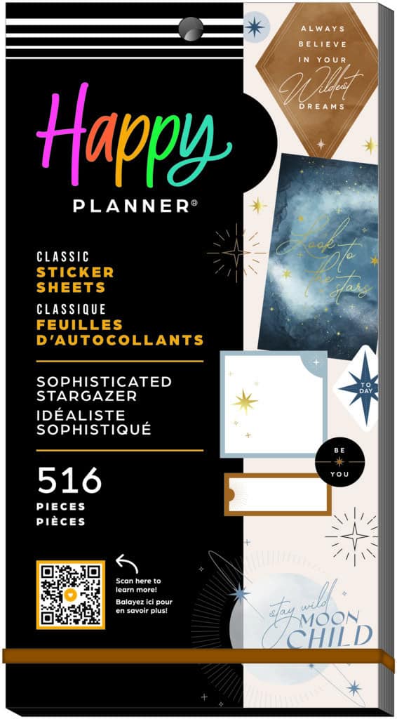 Happy planner sticker sheets for organization, motivation, and creativity, perfect for scrapbooking, journaling, and decorating planners with celestial and inspirational designs.