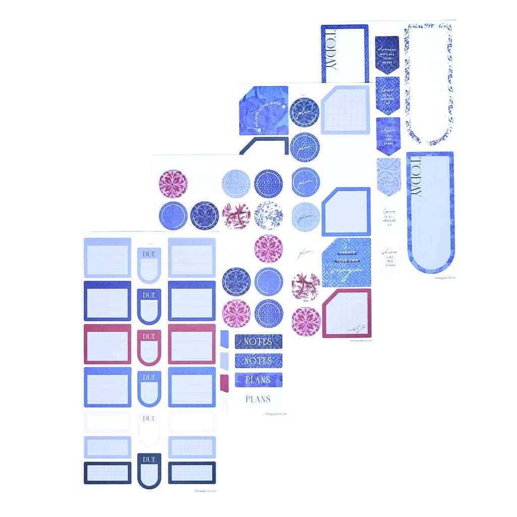 Colorful planner stickers for organization, including labels for notes, plans, and to-dos, with a blue, pink, and white color scheme for personal or professional planning.