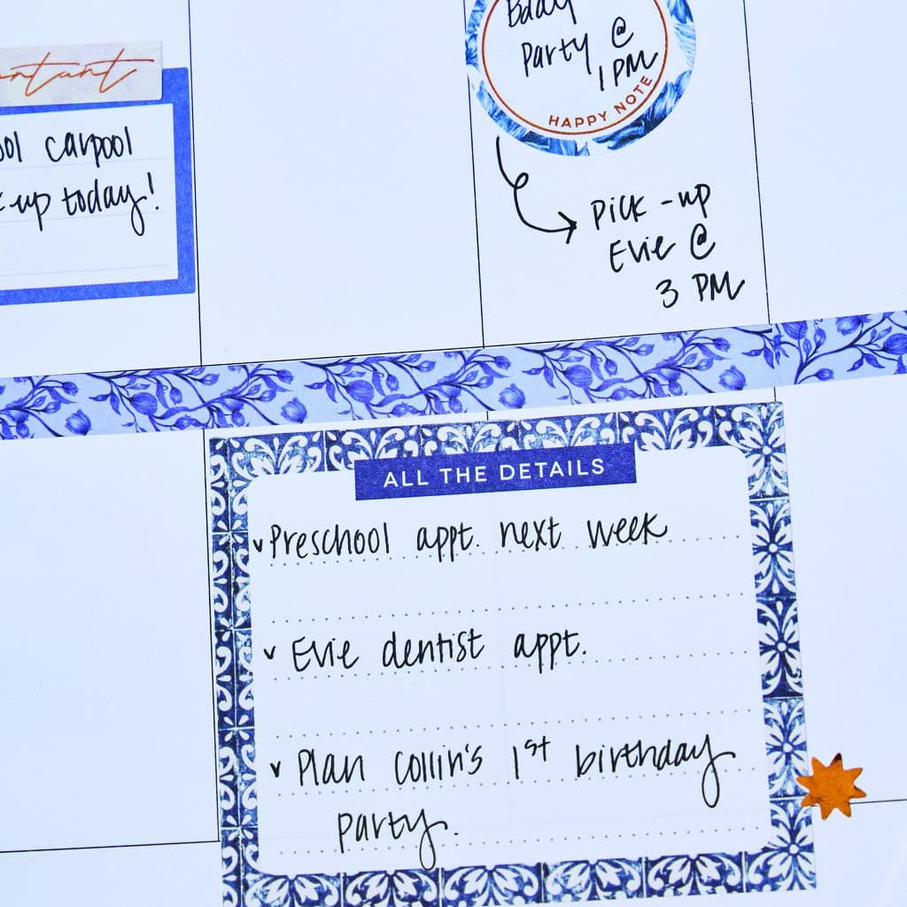 Preschool appointments, eye dentist, and birthday party planning notes written on a decorative blue and white planner page.