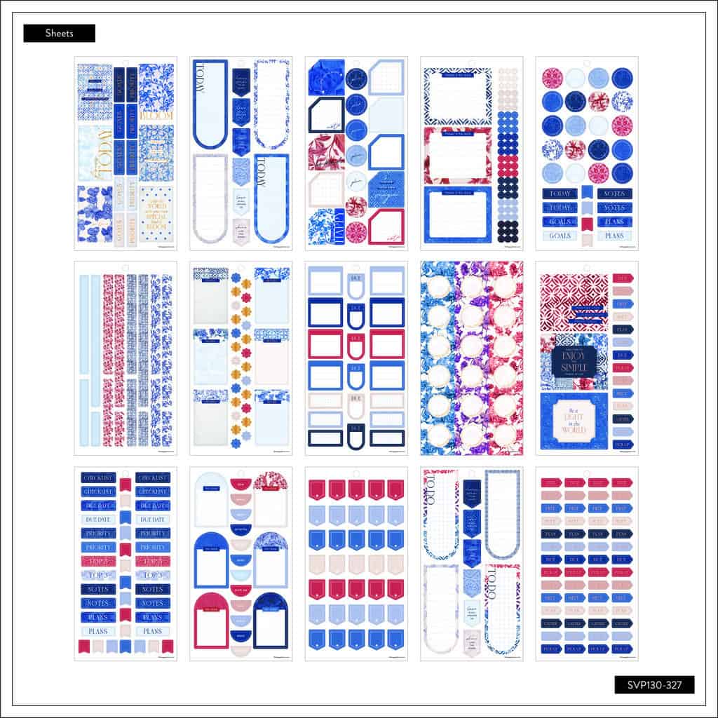 Bright blue, red, and white planner sticker sheets with labels, headers, and decorative designs for organizing daily to-do lists, goals, notes, and plans at The Wraperie.