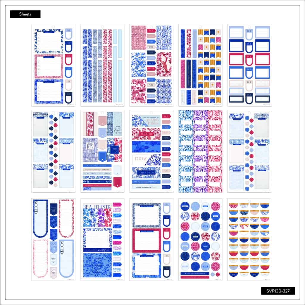 Blue and pink decorative planner sticker sheets for organization and scrapbooking at The Wraperie.