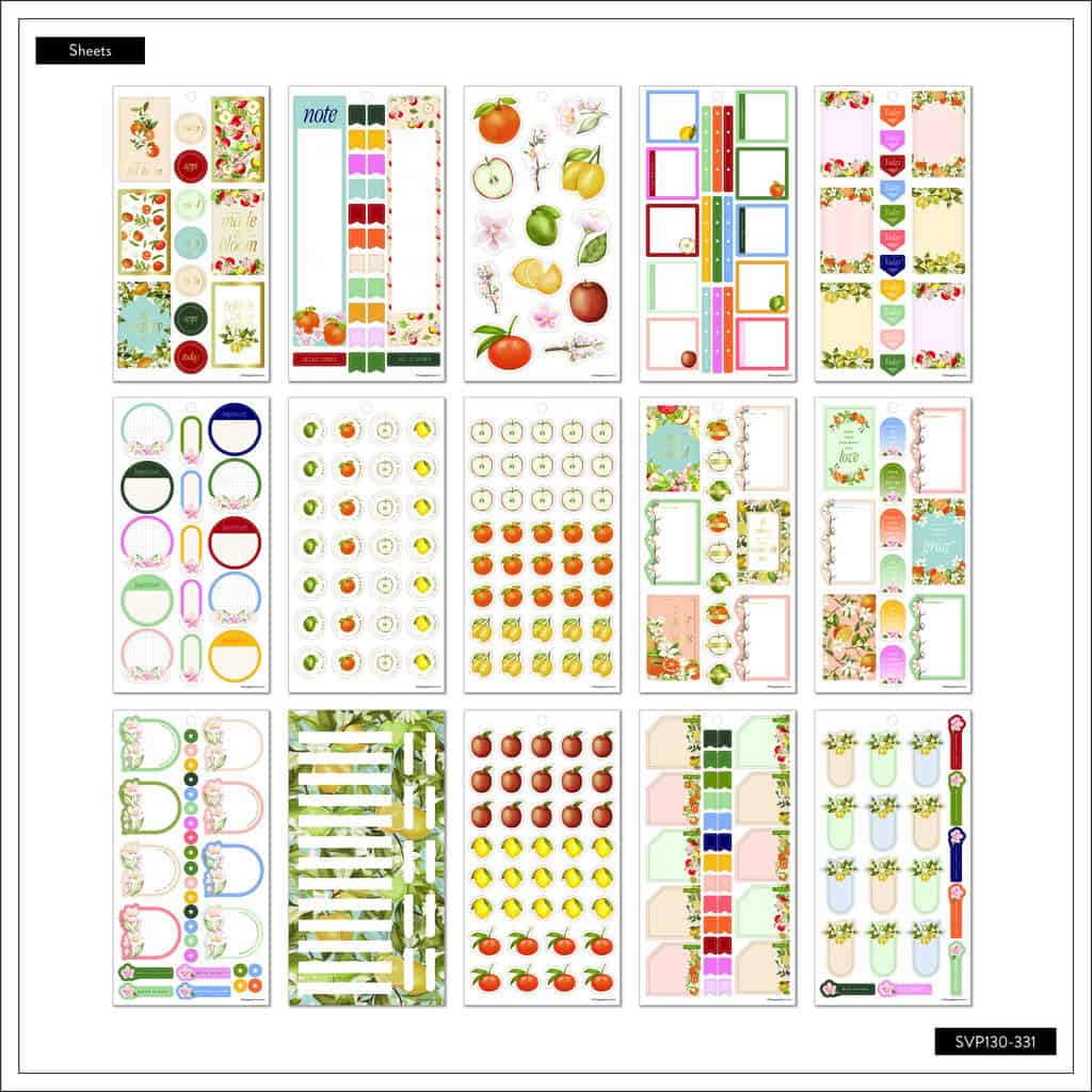 Vibrant fruit and floral-themed planner stickers for organization and decoration.