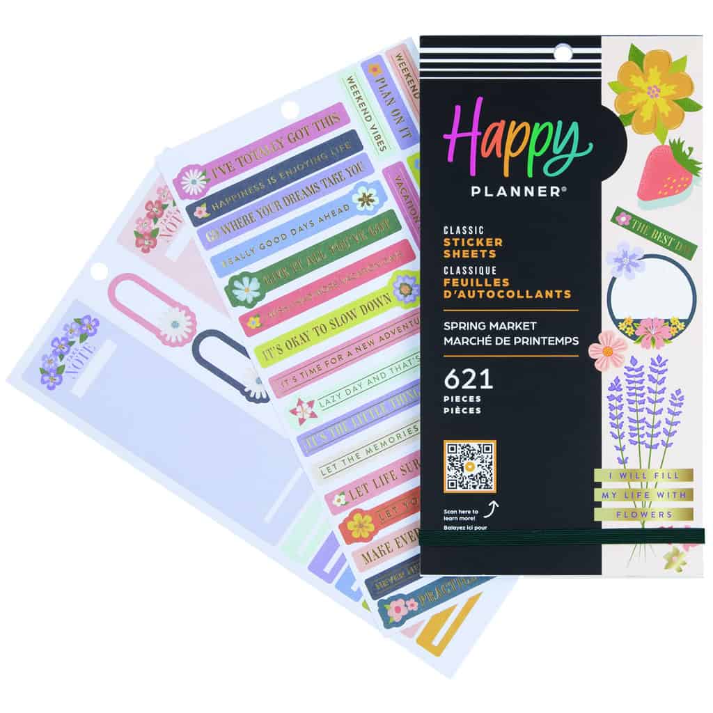 Colorful Happy Planner sticker sheets with motivational quotes and floral designs for organization and inspiration.