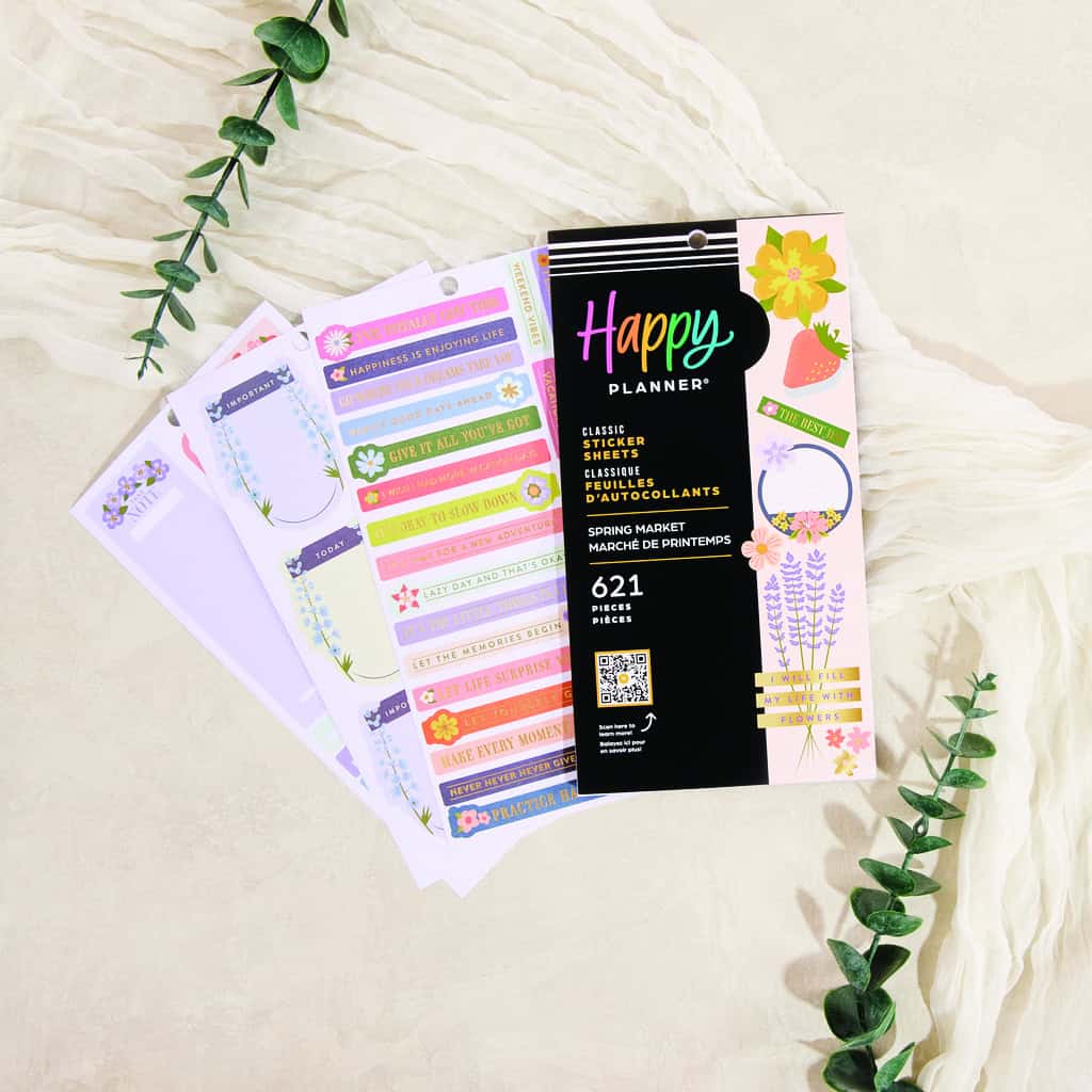 Colorful Happy Planner sticker sheets with floral and spring-themed designs for planning, decorating, and organizing personal and professional schedules. Perfect for adding a cheerful touch to any planner.
