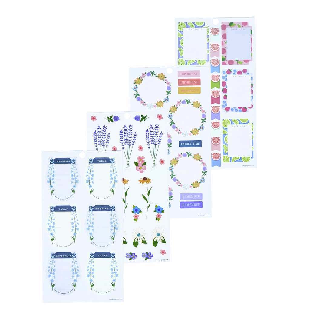 Colorful floral-themed planner stickers with labels for important dates, family time, and reminders, designed for organization and decorative purposes, perfect for planners and journals.