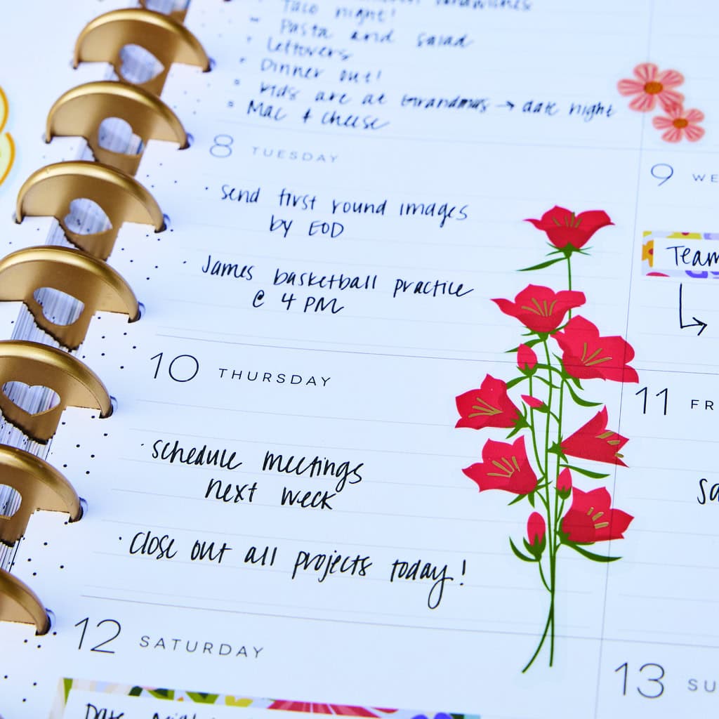 Aesthetic weekly planner page featuring handwritten notes, colorful floral illustrations, and a gold spiral binding, perfect for personalized organization and productivity.
