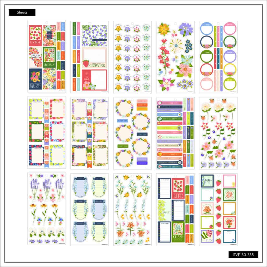 Colorful floral and seasonal planner stickers for scrapbooking, journaling, and organization, featuring vibrant designs of flowers, labels, and decorative elements for DIY projects.