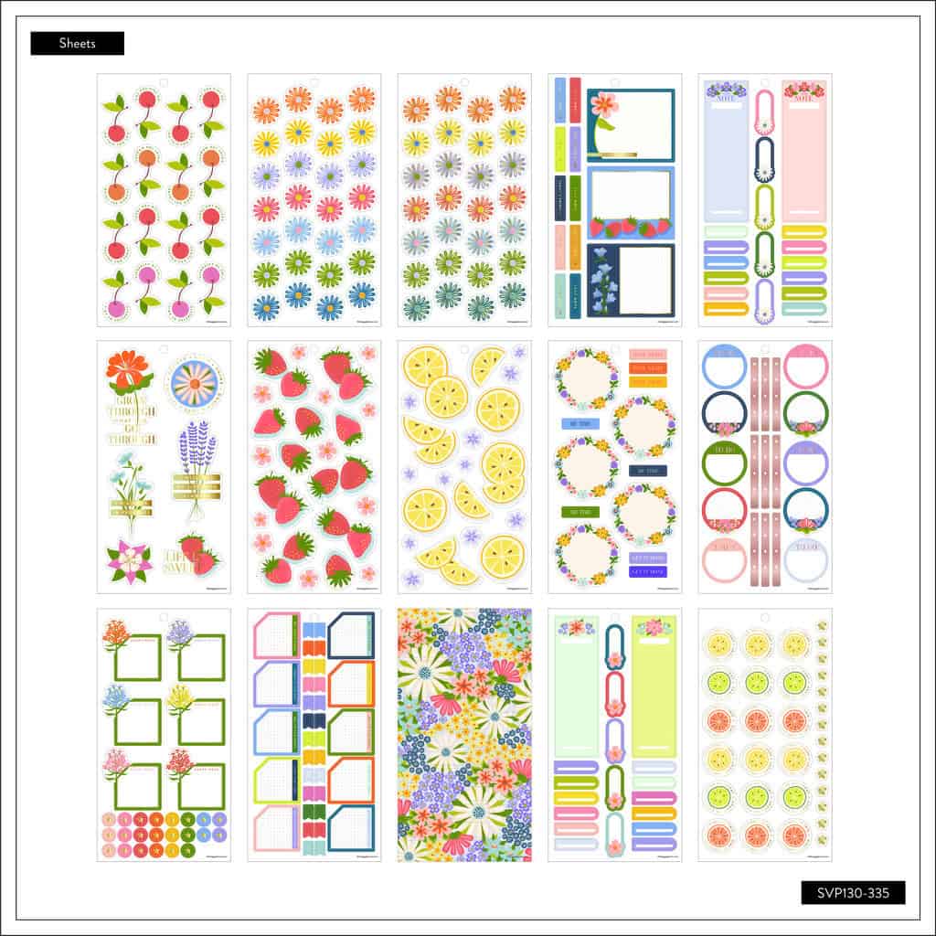 Cherry and floral-themed planner sticker sheets with bright colors and various designs for organizational and decorative use.