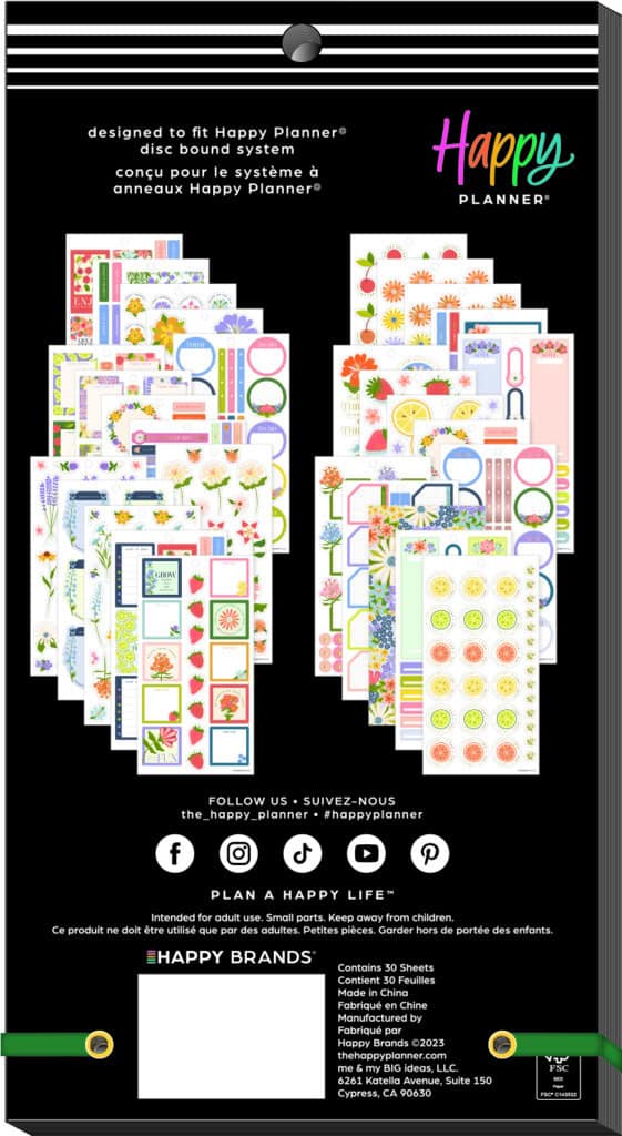Planner stickers for Happy Planner, featuring colorful floral, fruit, and decorative designs on 30 sheets for organizing and decorating your planner pages.