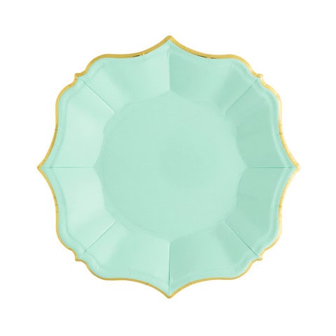 Elegant mint green and gold scalloped plate, perfect for stylish outdoor dining and entertaining at The Wraperie.