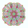 Colorful Moroccan-inspired ceramic plate with intricate geometric patterns, vibrant pastel hues, and gold accents, perfect for home décor or serving elegant appetizers.