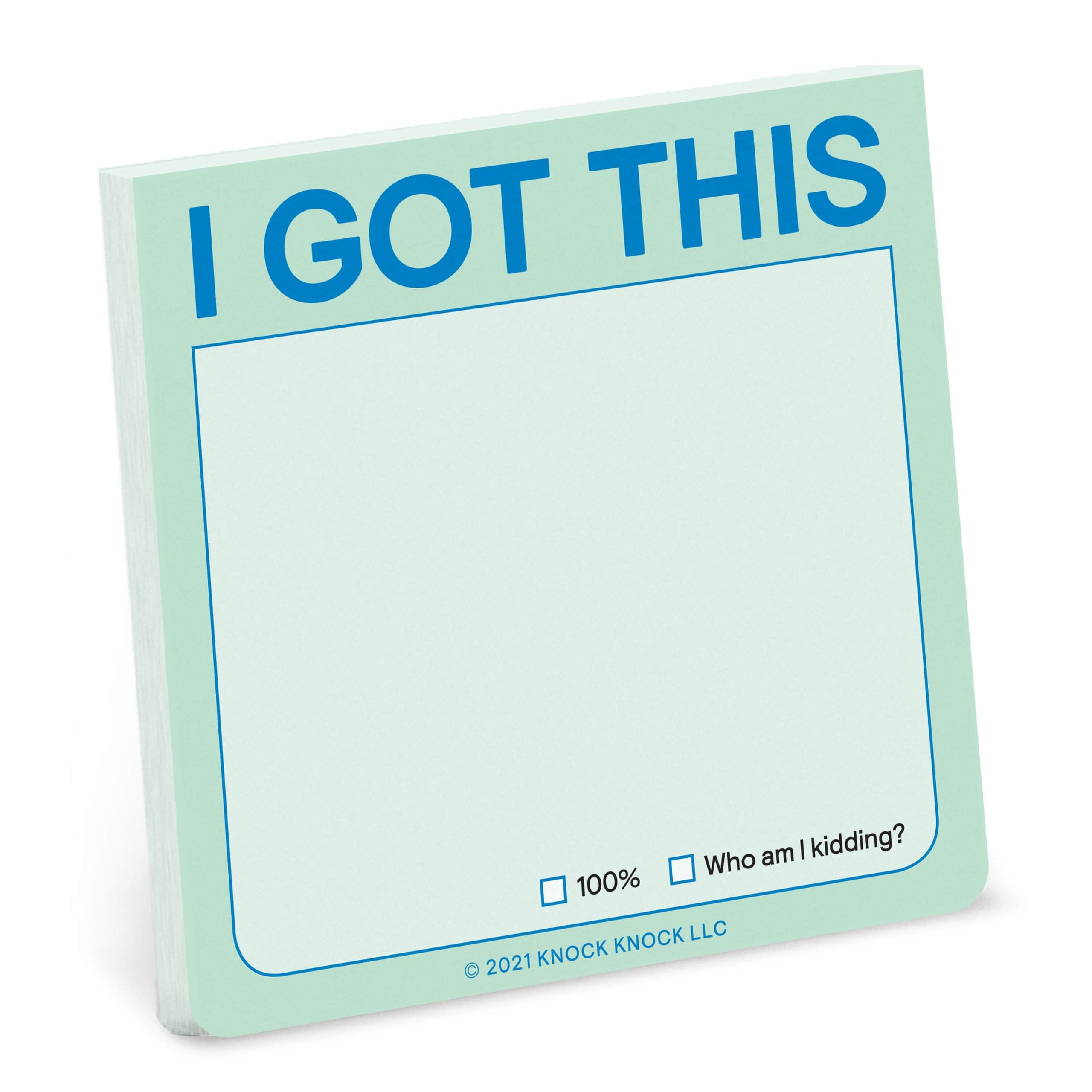 Sticky note with "I GOT THIS" message, motivational stationary for encouragement and positive affirmations, printed by Knock Knock LLC.