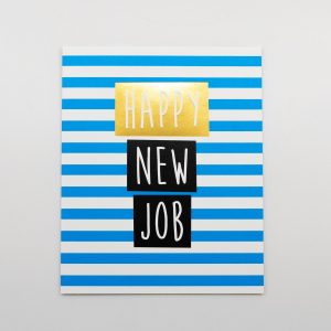 New job announcement greeting card with blue and white stripes, featuring gold and black accents for a modern and celebratory design.