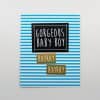 Gorgeous baby boy announcement card with blue and white stripes and gold accents, celebrating the arrival of a baby boy with cheerful "Hooray Hooray" messages.